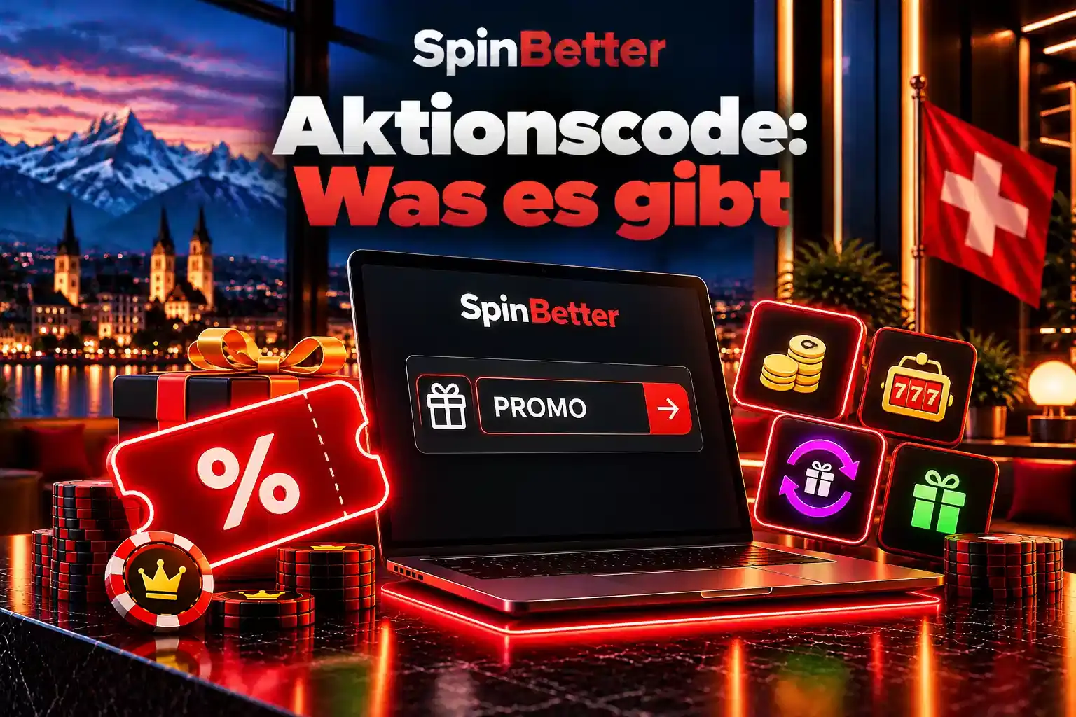SpinBetter Aktionscode: Promo-Feld auf dem Laptop neben Gutschein und Spielsymbolen