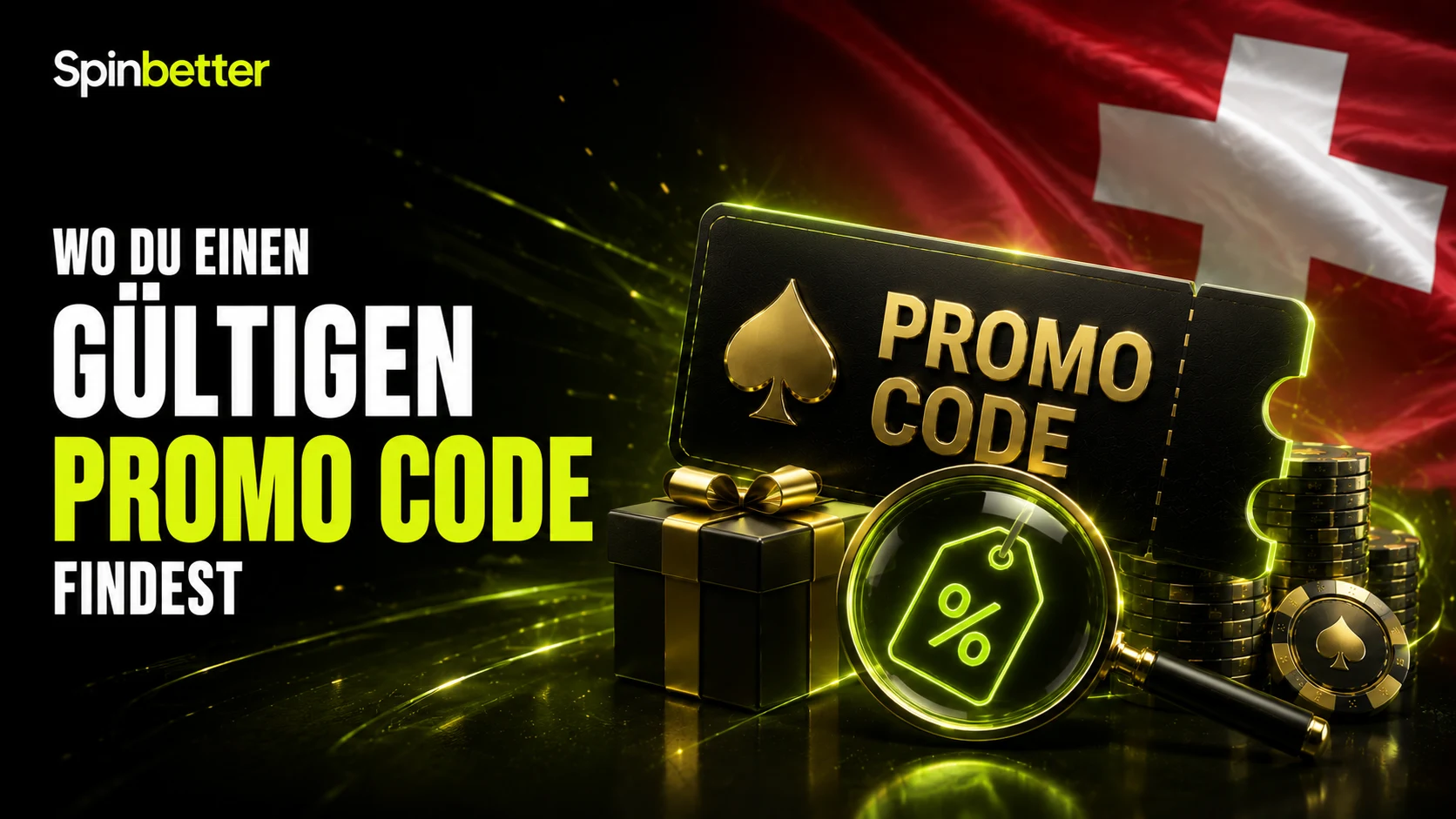 Wo du einen gültigen Promo Code findest: Gutschein mit Lupe vor Schweizer Flagge
